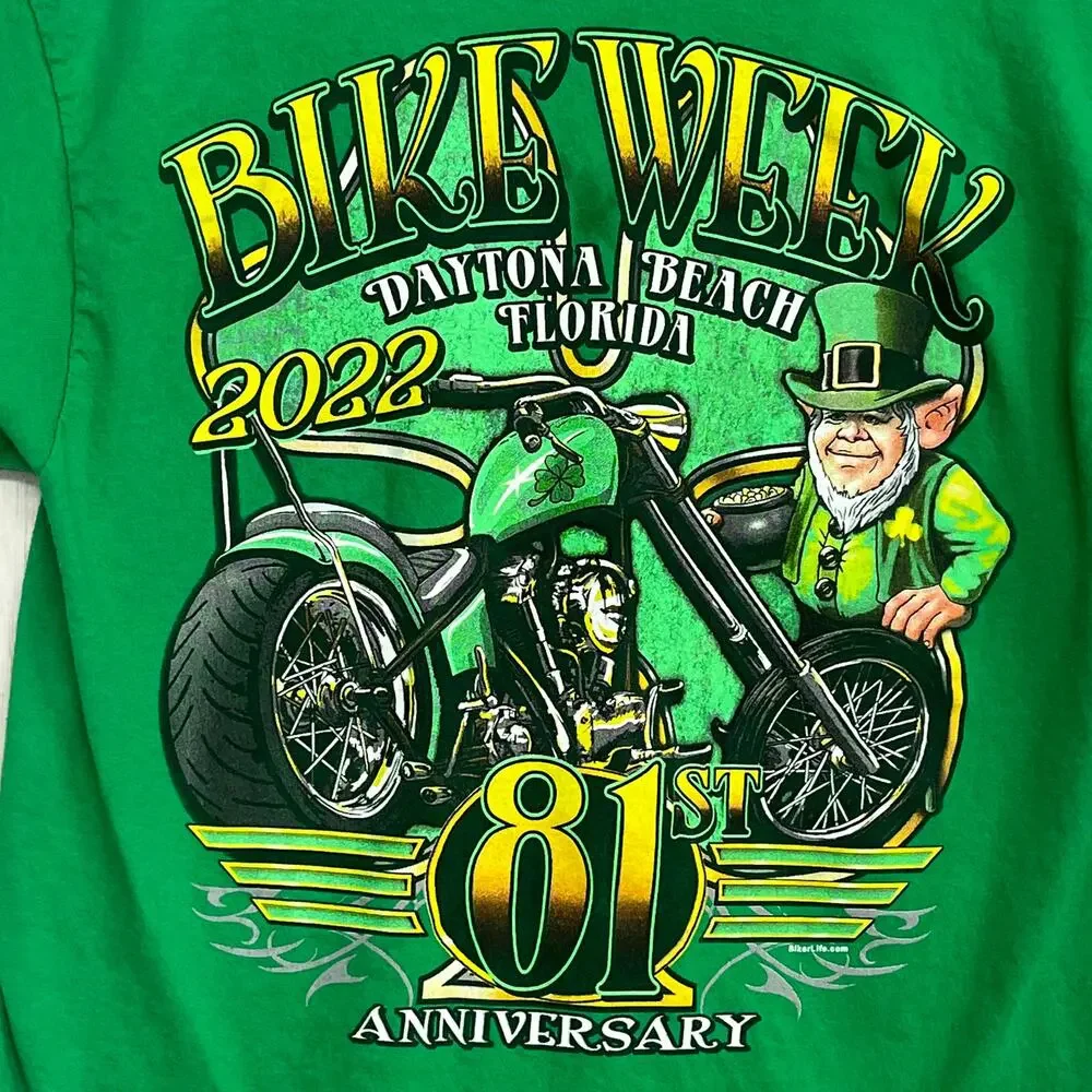 Bike Week Daytona Beach 2022 Green Short Sleeve Leprechaun Clover T-Shirt - Picture 5 of 9